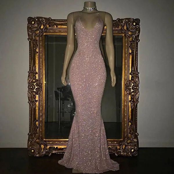 kamahe Gorgeous Sequined Mermaid Spaghetti-strap Long Sleevesless Prom Party Gowns