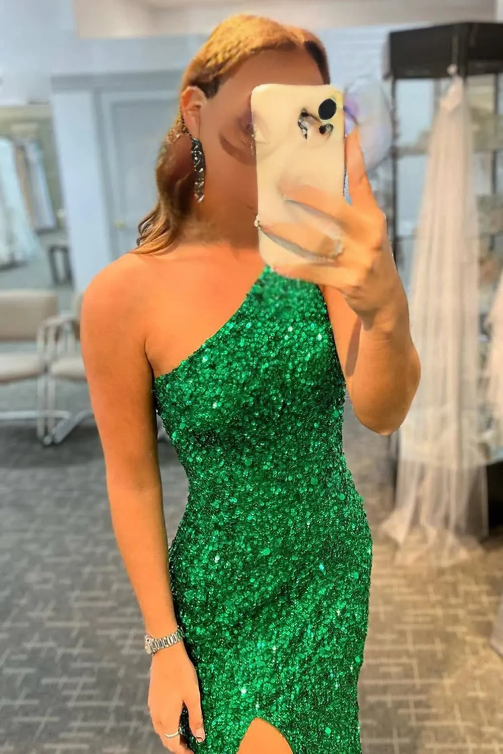 kamahe Green Sequin Long Prom Dress with Slit Formal Evening Dresses