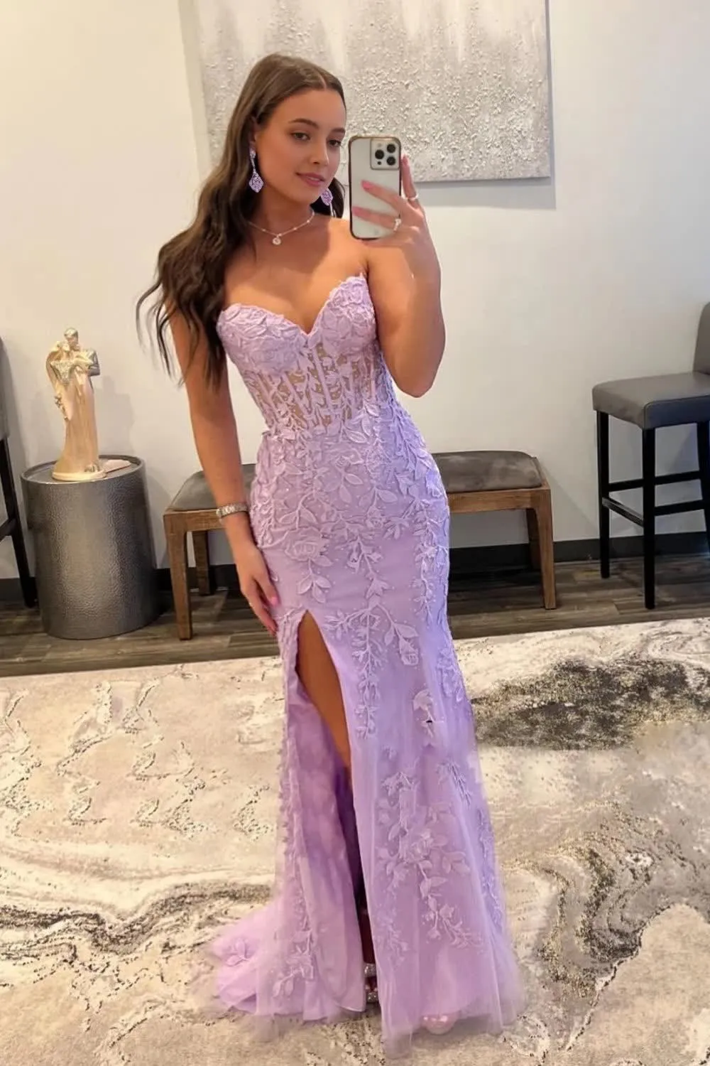 kamahe Purple Corset Sweetheart Long Lace Prom Dress with Slit Formal Evening Dresses