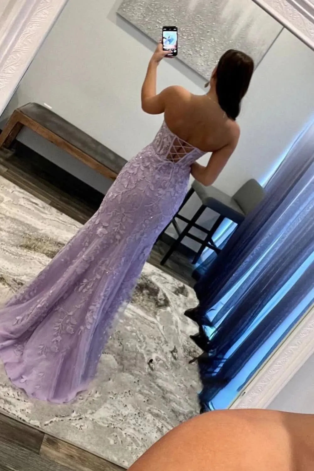 kamahe Purple Corset Sweetheart Long Lace Prom Dress with Slit Formal Evening Dresses