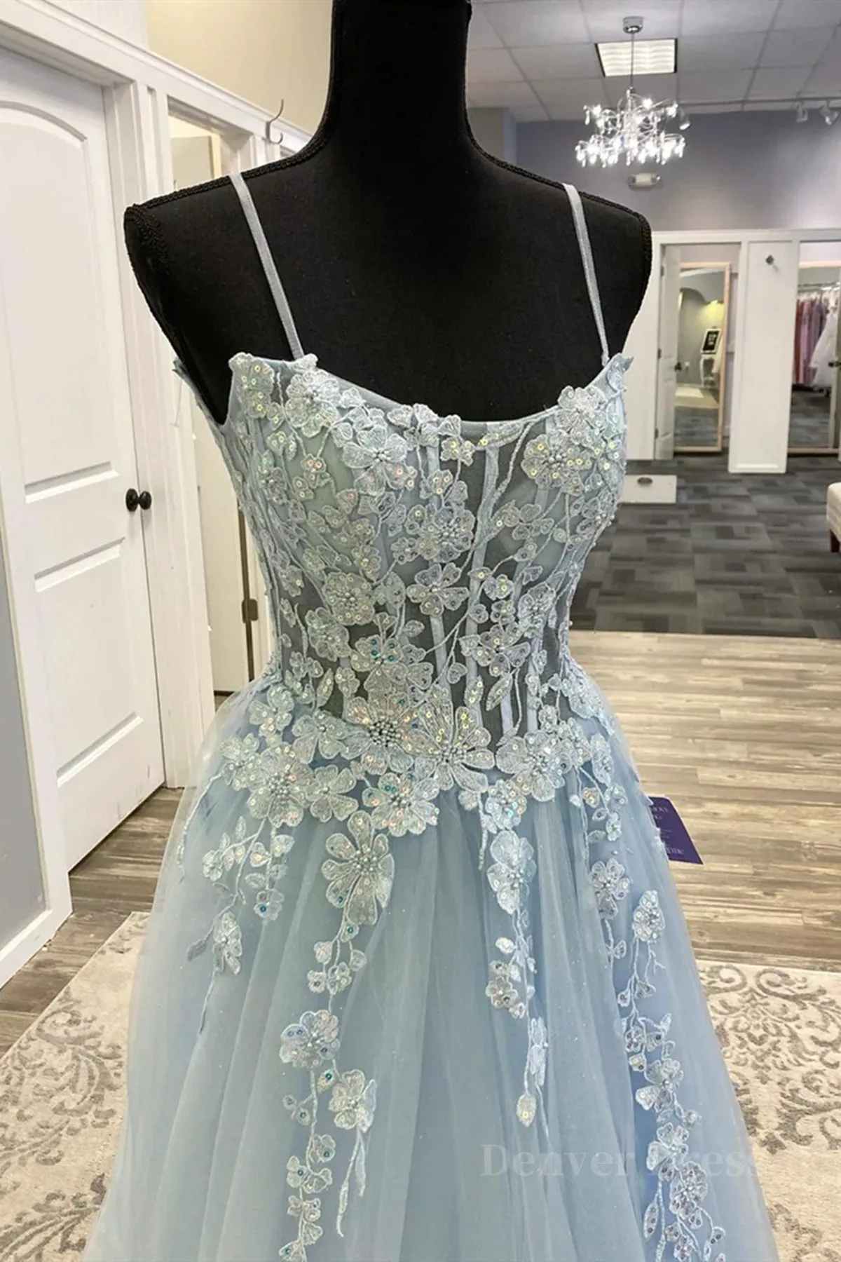 kamahe Spaghetti Straps Light Blue Lace Prom Dresses, Light Blue Lace Formal Evening Dresses