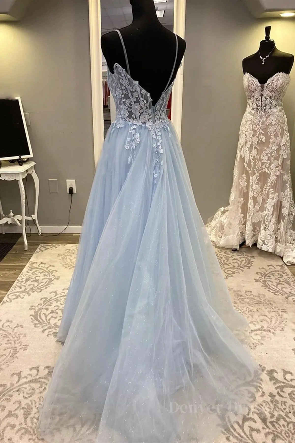 kamahe Spaghetti Straps Light Blue Lace Prom Dresses, Light Blue Lace Formal Evening Dresses