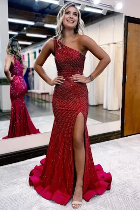 kamahe Sparkly Burgundy Beaded One Shoulder Long Prom Dress with Slit Formal Evening Dresses