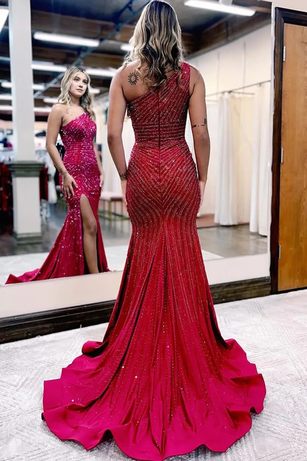 kamahe Sparkly Burgundy Beaded One Shoulder Long Prom Dress with Slit Formal Evening Dresses