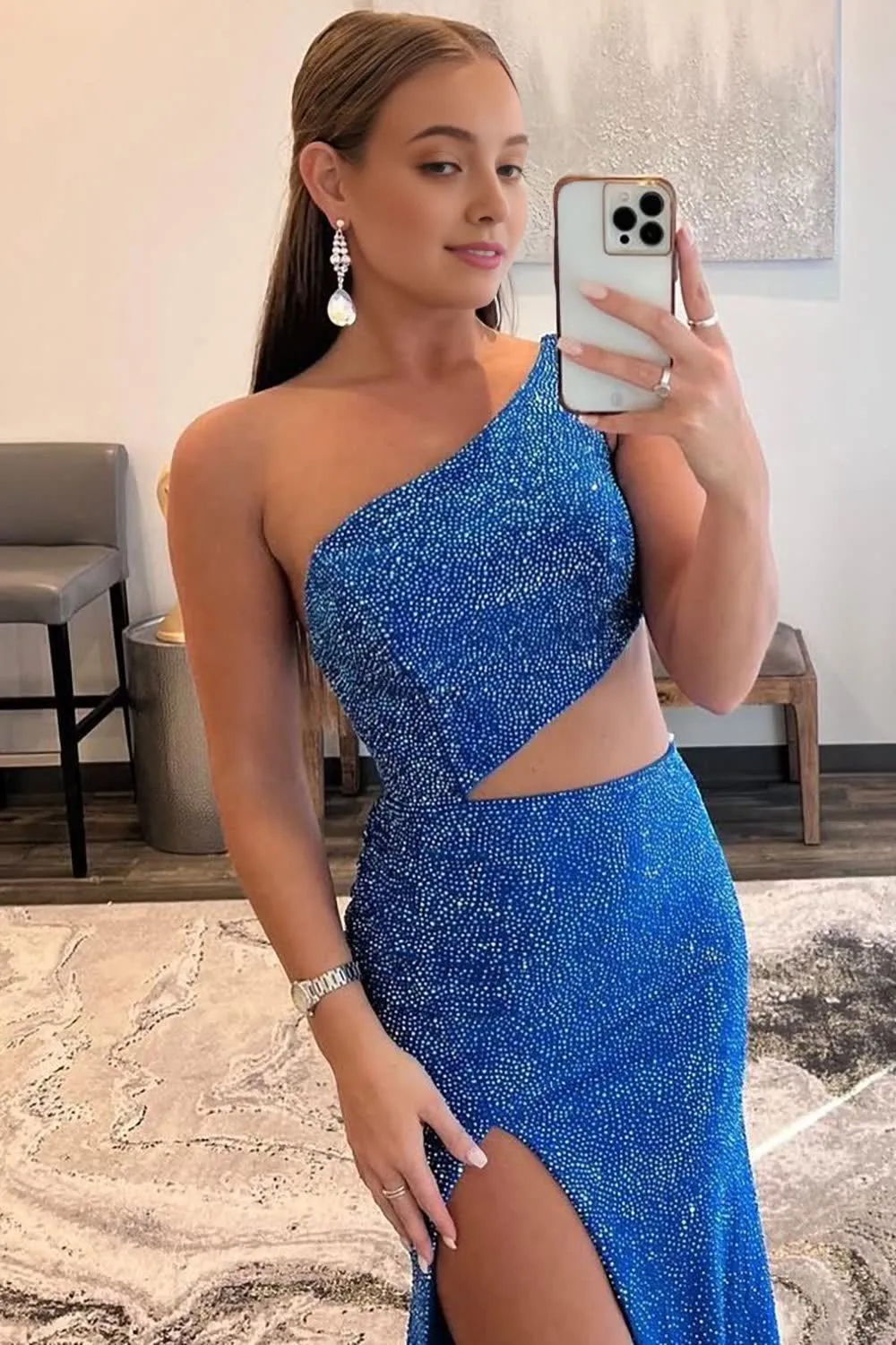 kamahe Sparkly Royal Blue One Shoulder Sheath Long Prom Dress with Slit Formal Evening Dresses