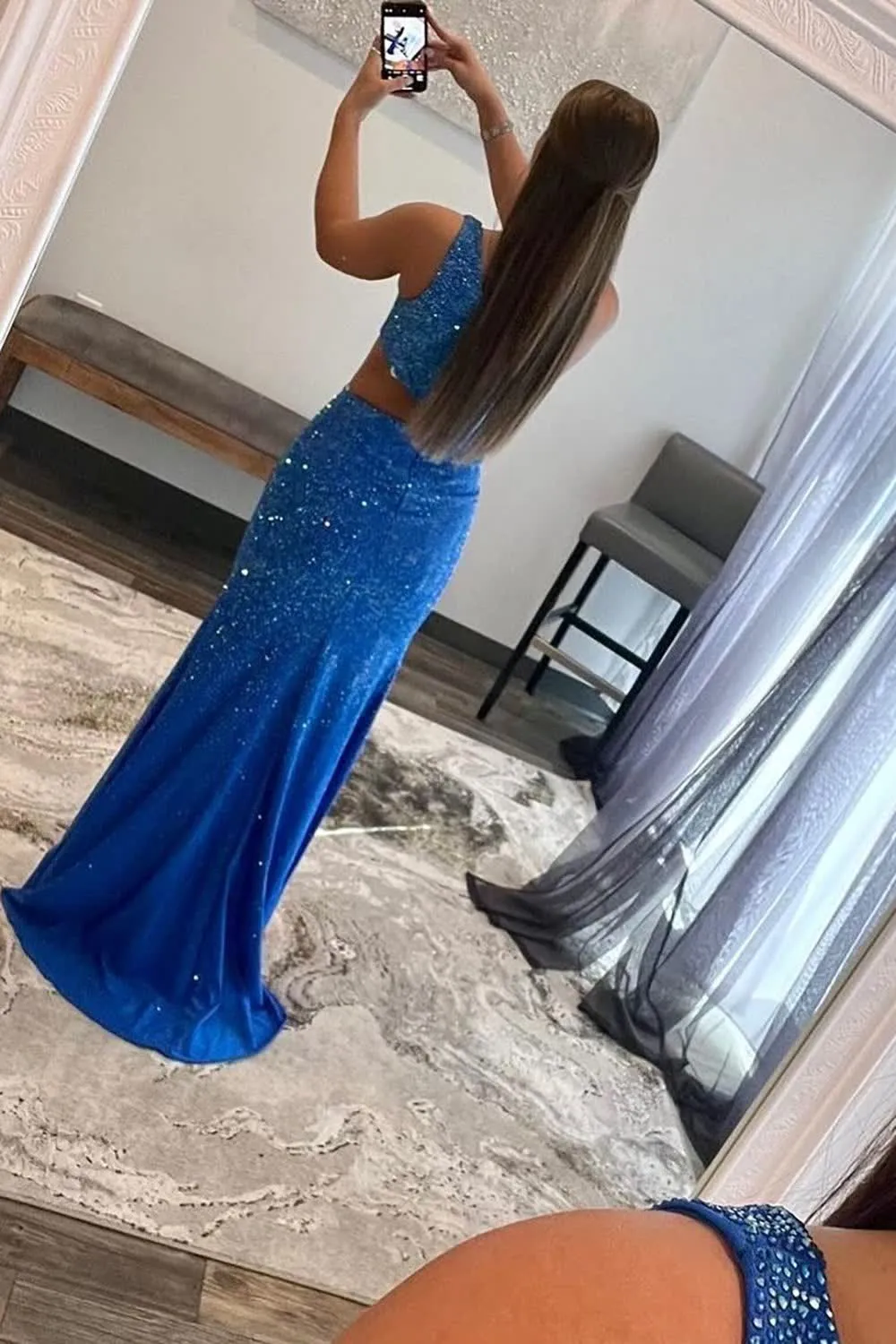 kamahe Sparkly Royal Blue One Shoulder Sheath Long Prom Dress with Slit Formal Evening Dresses