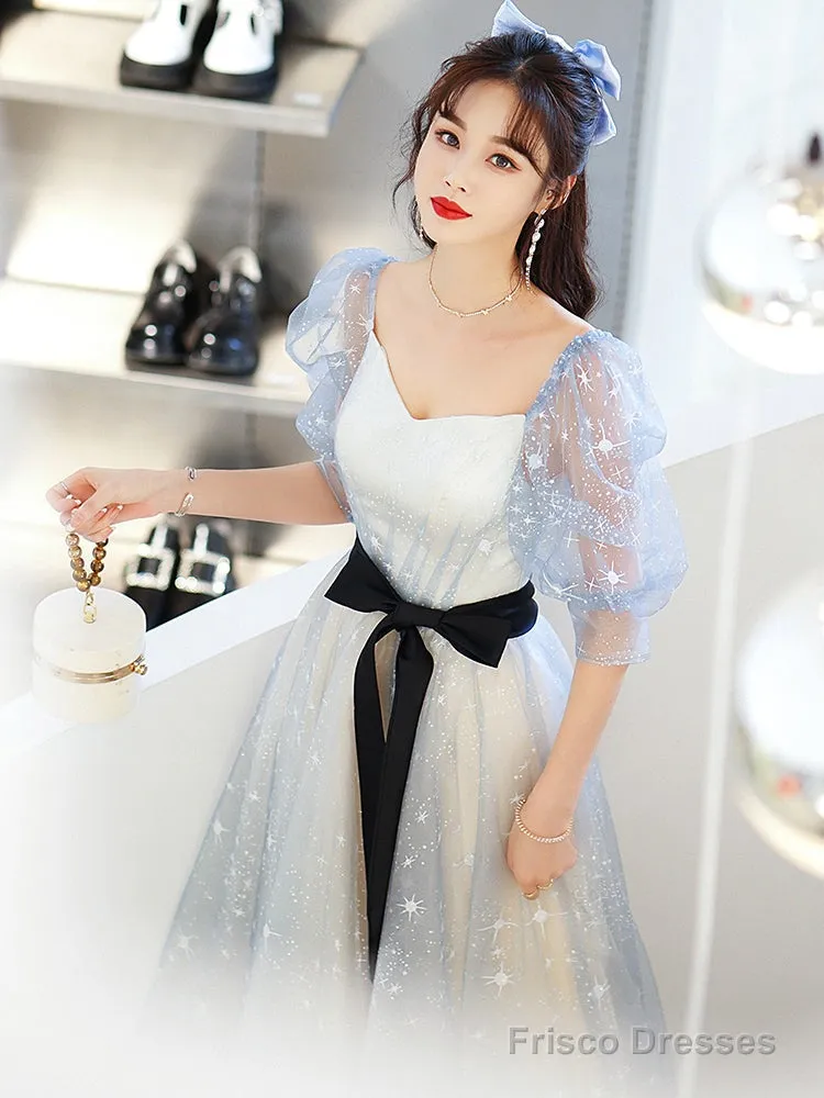 Light Blue Tulle A-Line Short Sleeves Party Dresses, Blue Formal Gowns Prom Dresses