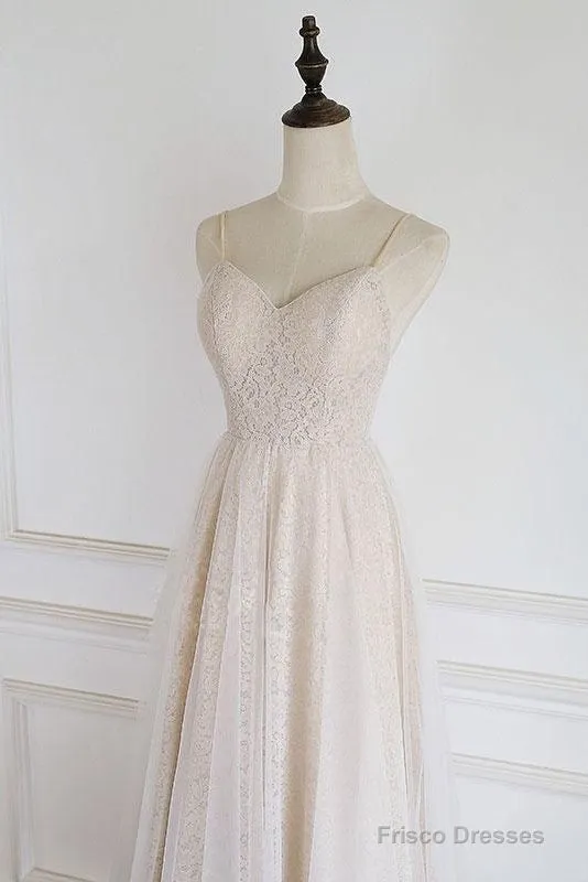 Light Champagne Lace Straps Sweetheart Party Dress Formal Dress, Tea Length Wedding Party Dress