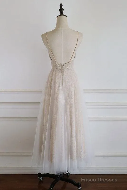 Light Champagne Lace Straps Sweetheart Party Dress Formal Dress, Tea Length Wedding Party Dress