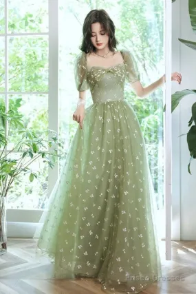 Light Green Tulle Long Formal Gown  Party Dresses, Green Evening Prom Dresses