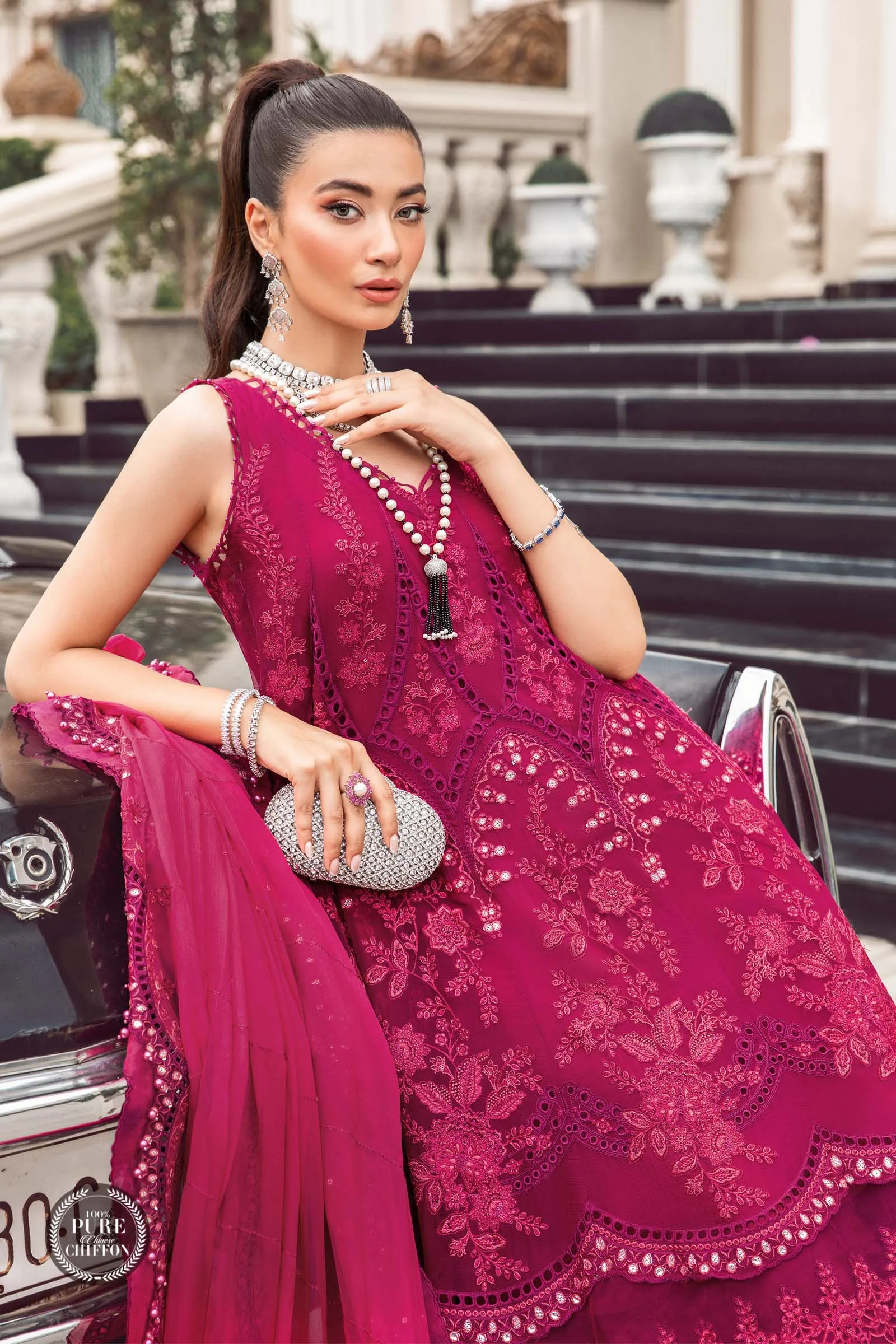 MARIA.B Luxury Chiffon Wedding Formals – MPC-23-107 Magenta Pink
