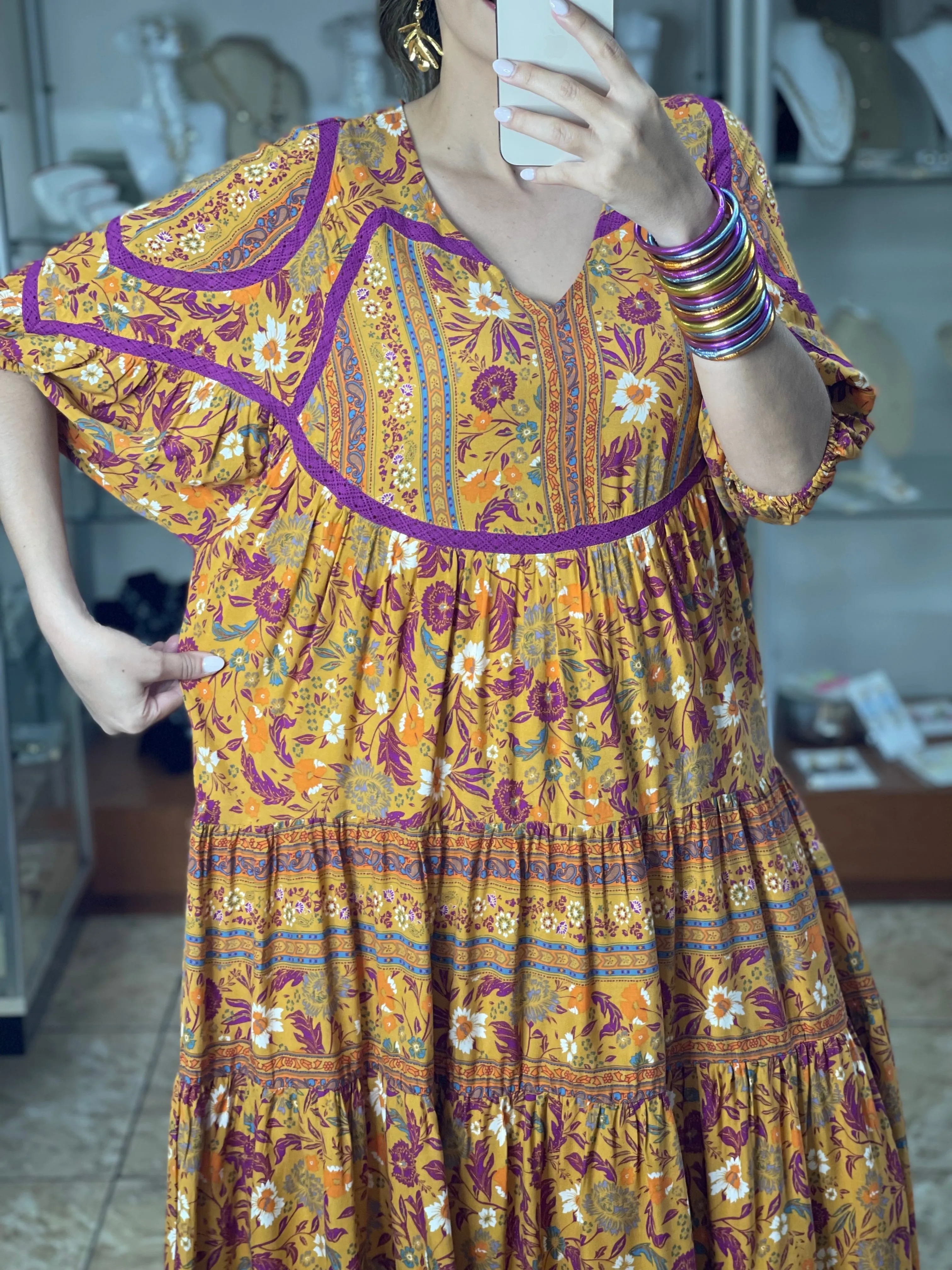 Mustard Floral Midi Dress