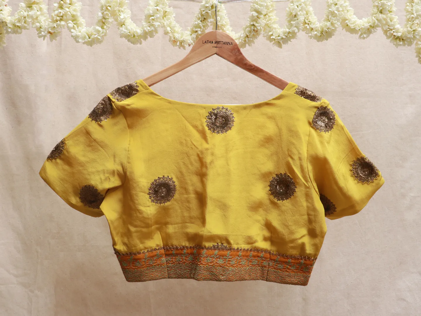 Mustard yellow, crepe silk, hand embroidery blouse