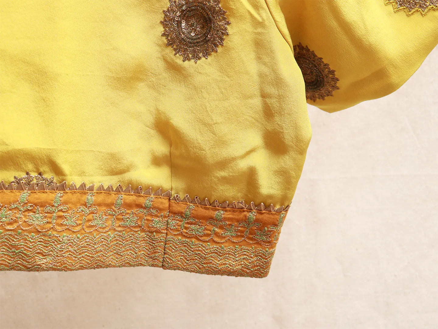 Mustard yellow, crepe silk, hand embroidery blouse