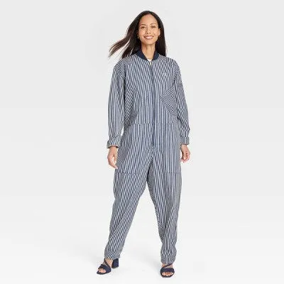 New - Houston White Adult Long Sleeve Denim Flight Suit - Blue Striped XXL
