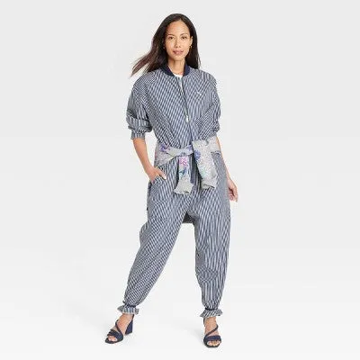 New - Houston White Adult Long Sleeve Denim Flight Suit - Blue Striped XXL