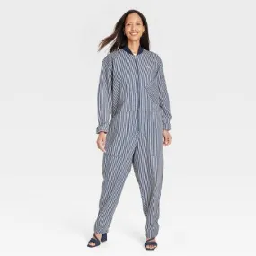 New - Houston White Adult Long Sleeve Denim Flight Suit - Blue Striped XXL
