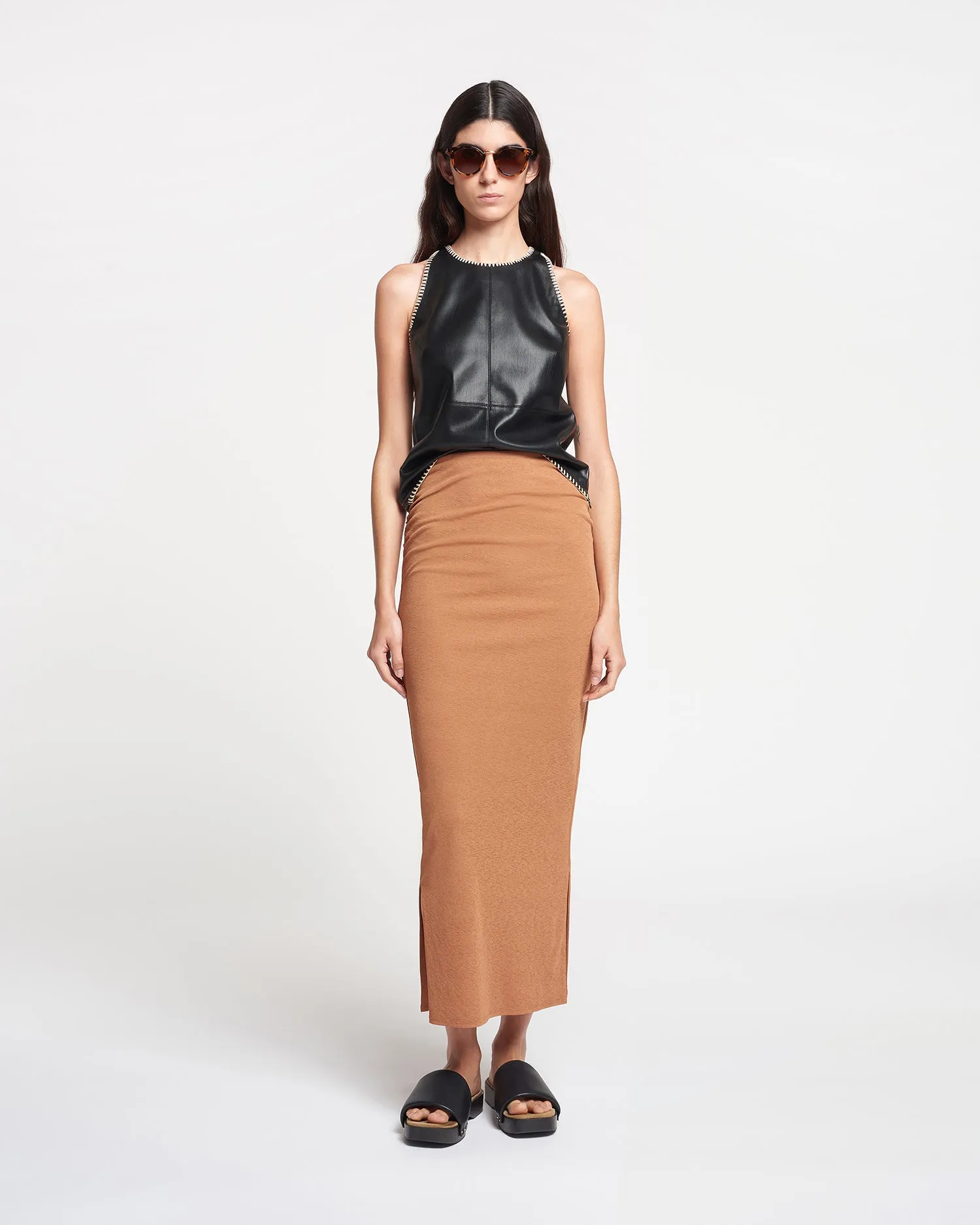 Norine - Ruched Mesh-Jersey Midi Skirt - Caramel