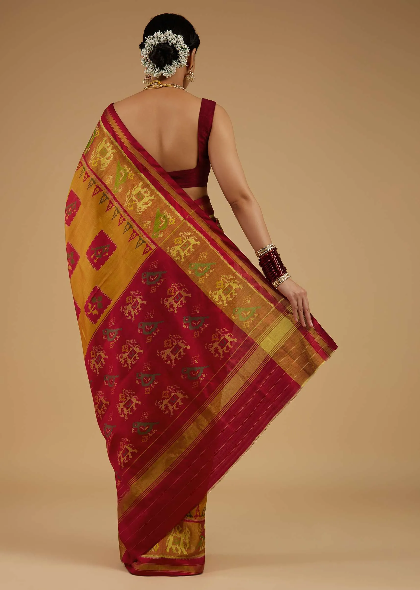 Ocher Yellow Saree In Silk With Ikat Weave Patola Work