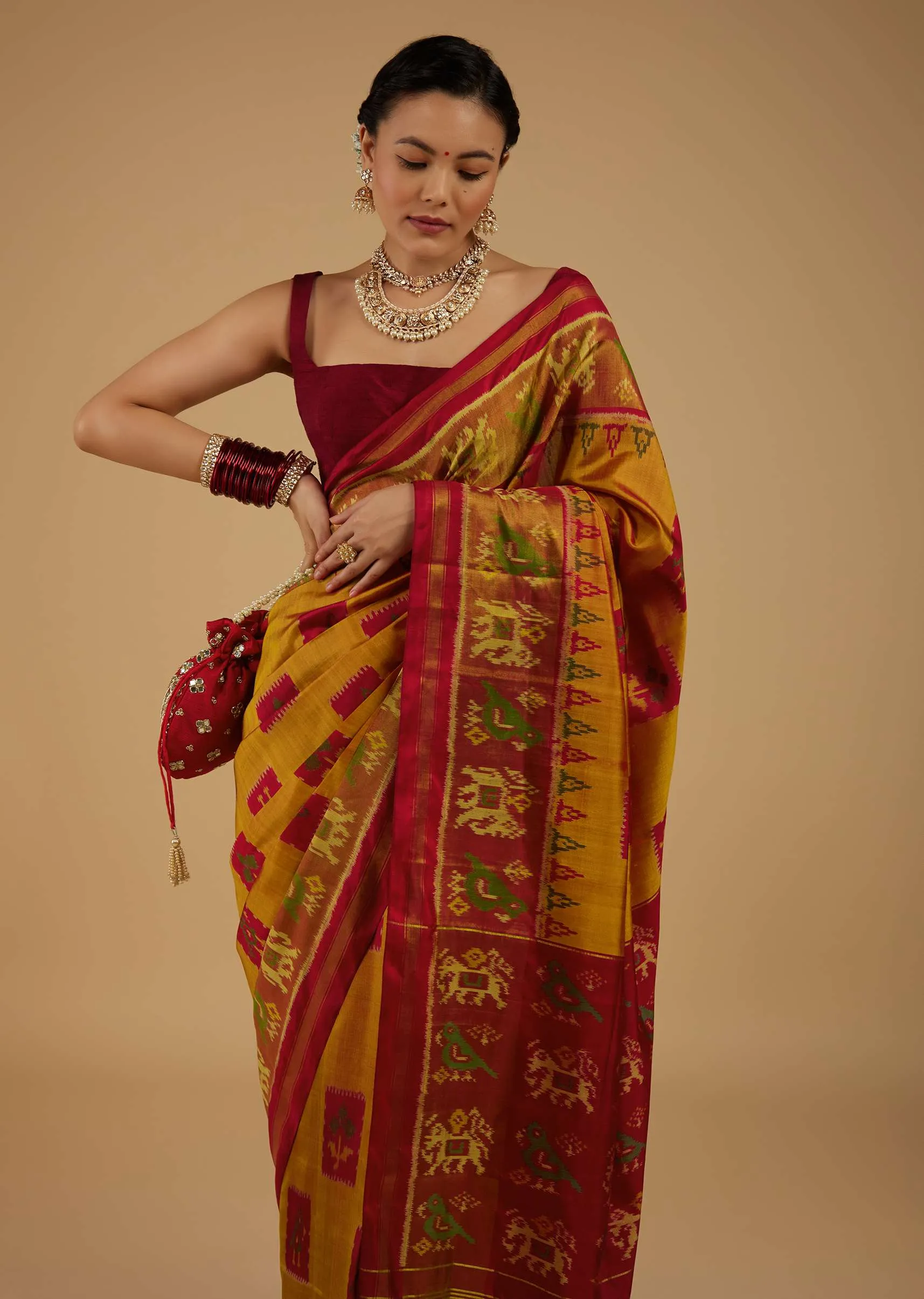 Ocher Yellow Saree In Silk With Ikat Weave Patola Work