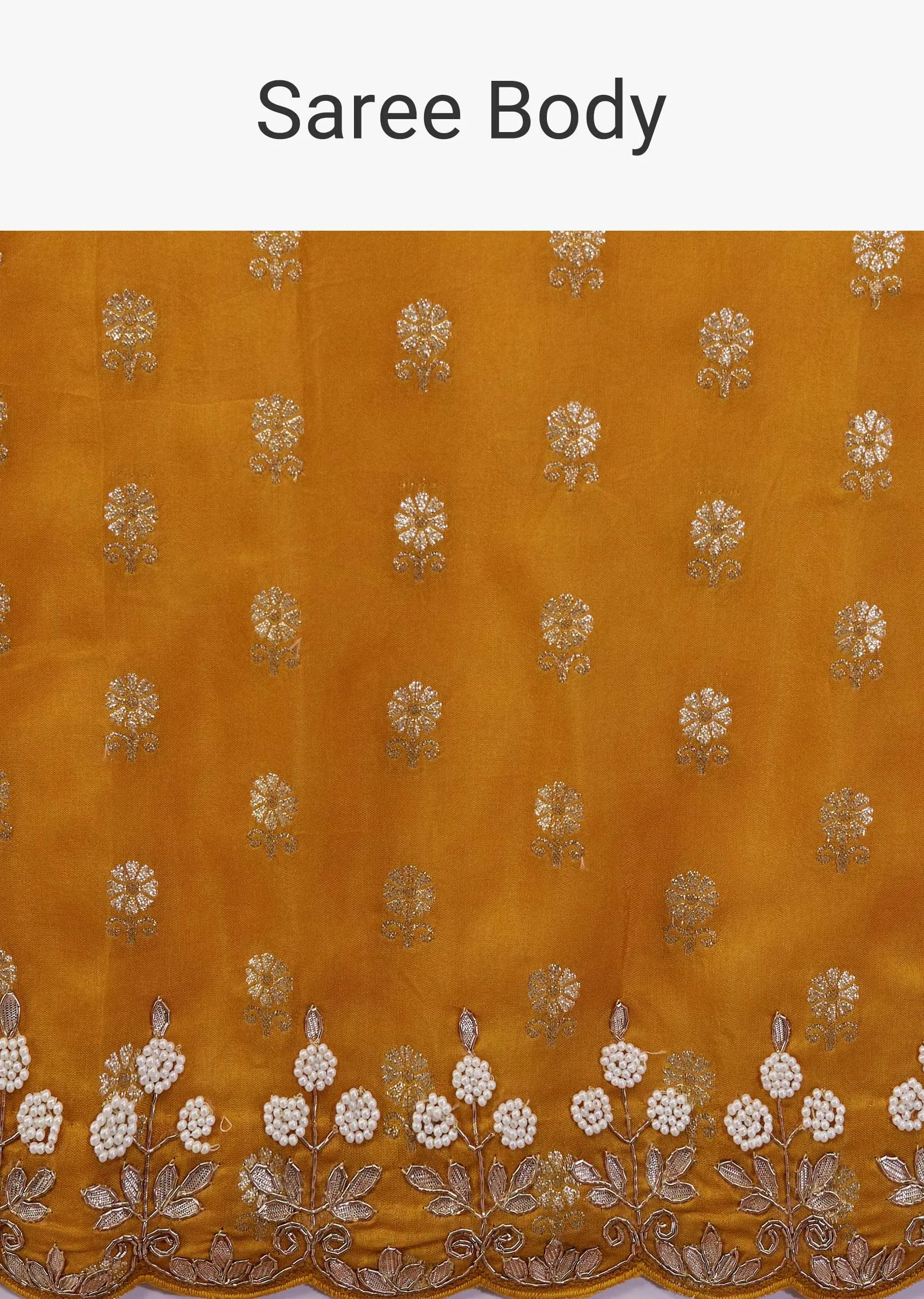 Ocher Yellow Silk Saree With Foil Print And Embroidery