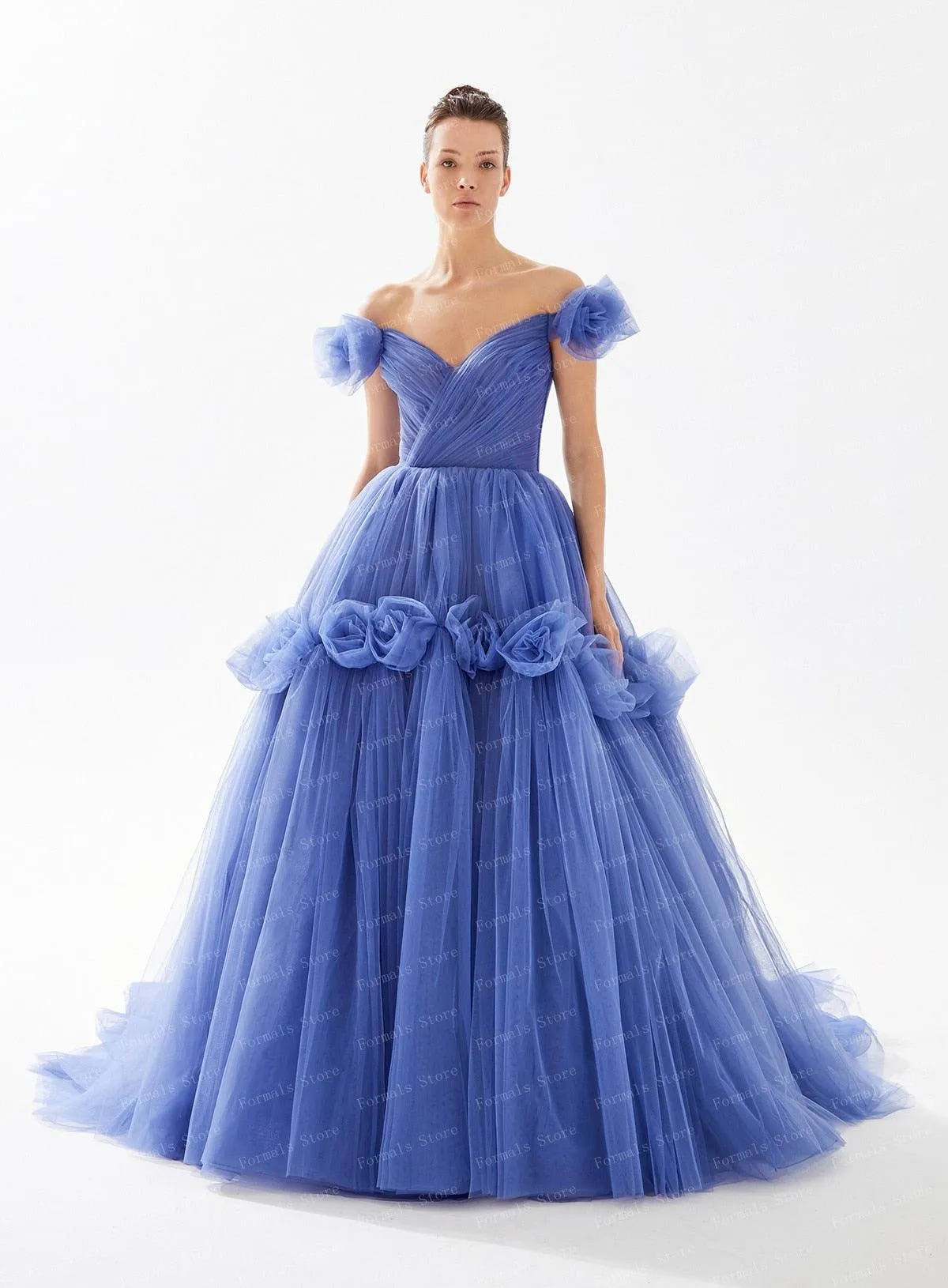 Off Shoulder Backless Floral A-line Prom Dresses