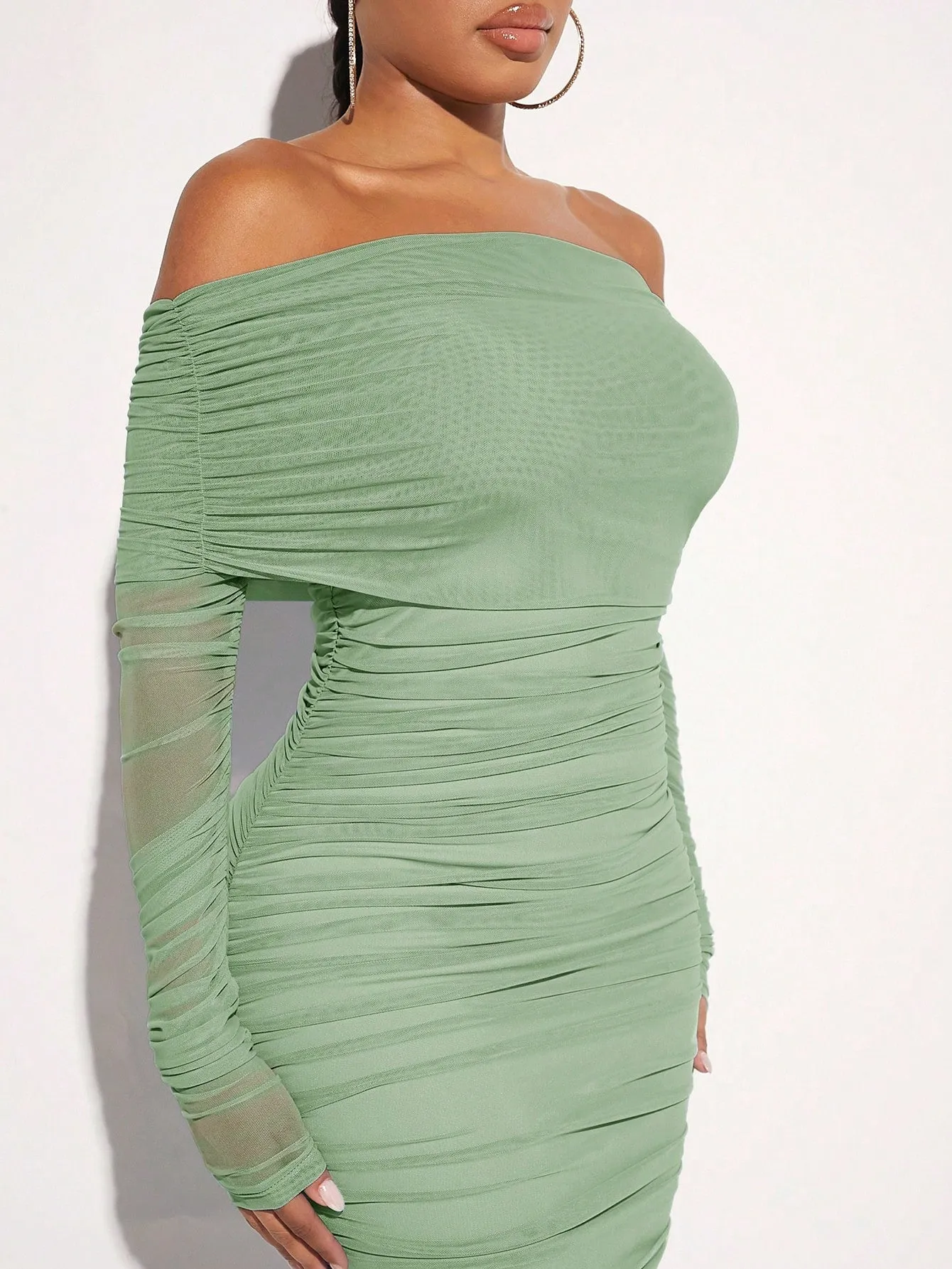 OffShoulderRuchedMeshDress