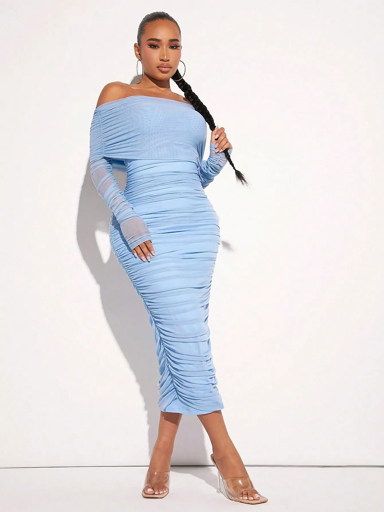 OffShoulderRuchedMeshDress