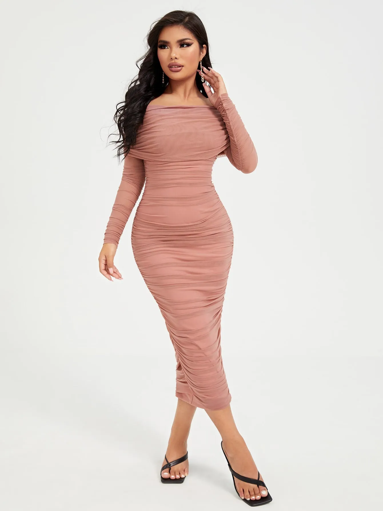 OffShoulderRuchedMeshDress