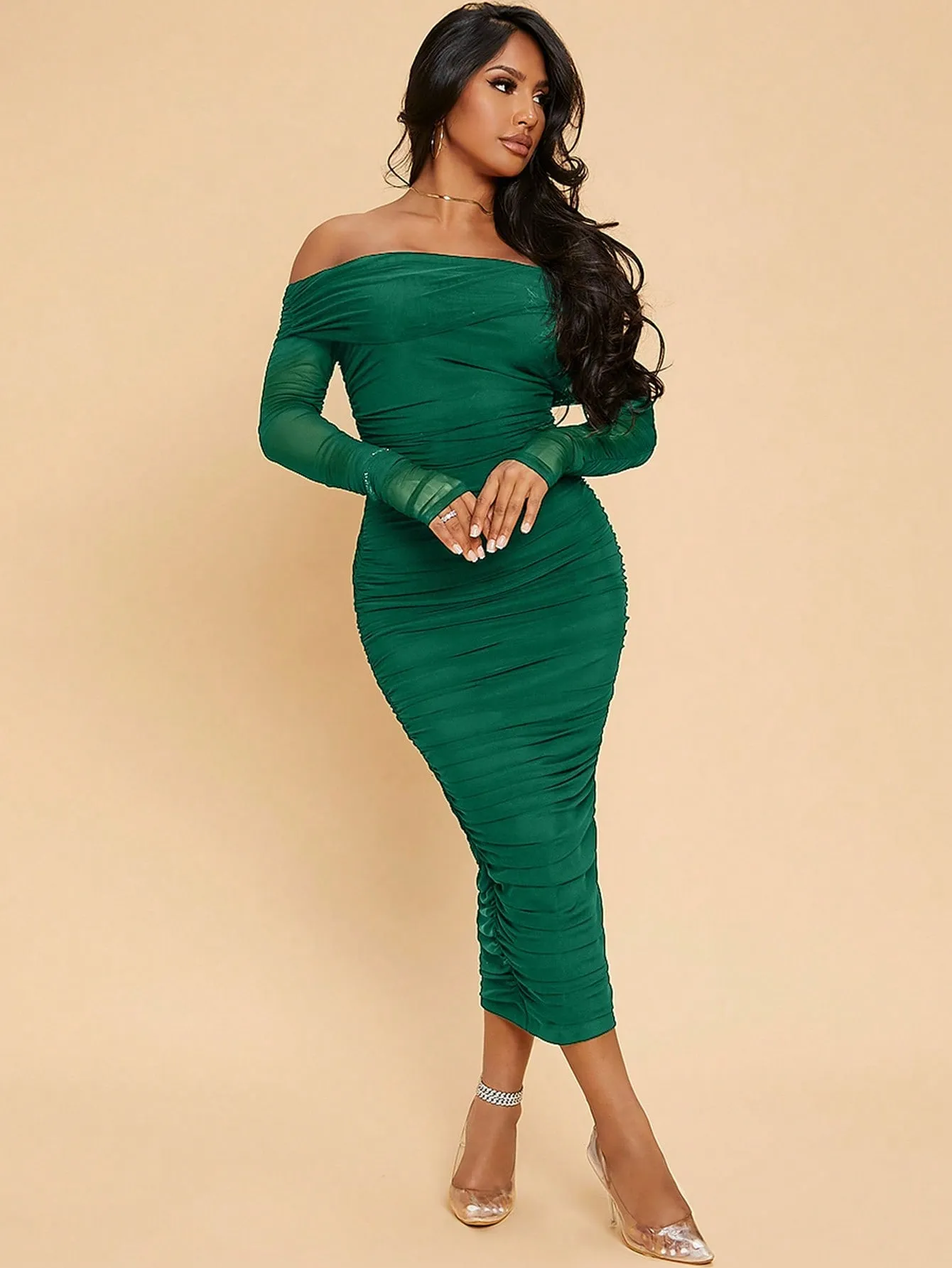 OffShoulderRuchedMeshDress