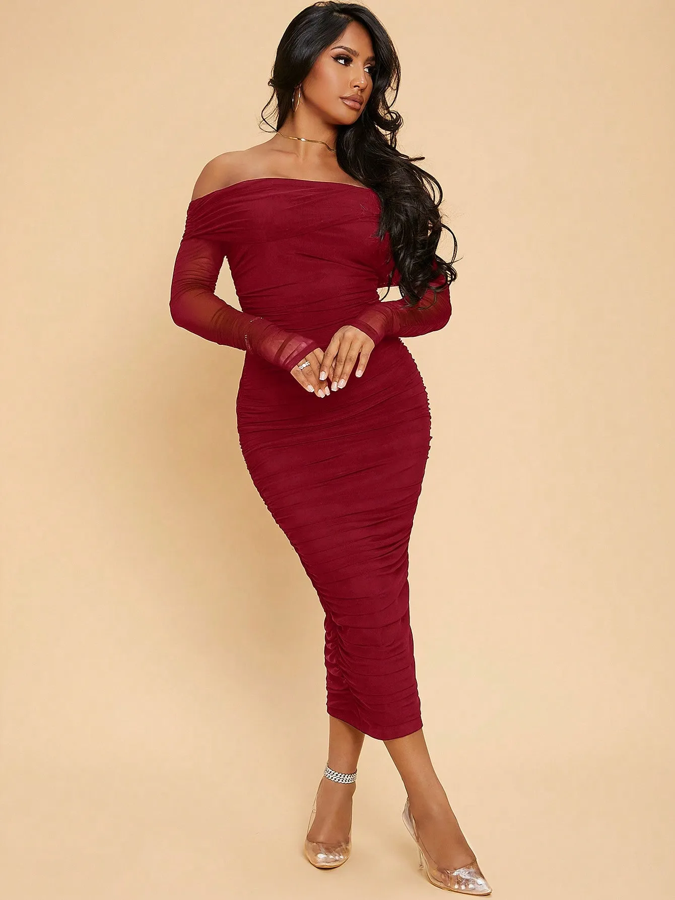 OffShoulderRuchedMeshDress