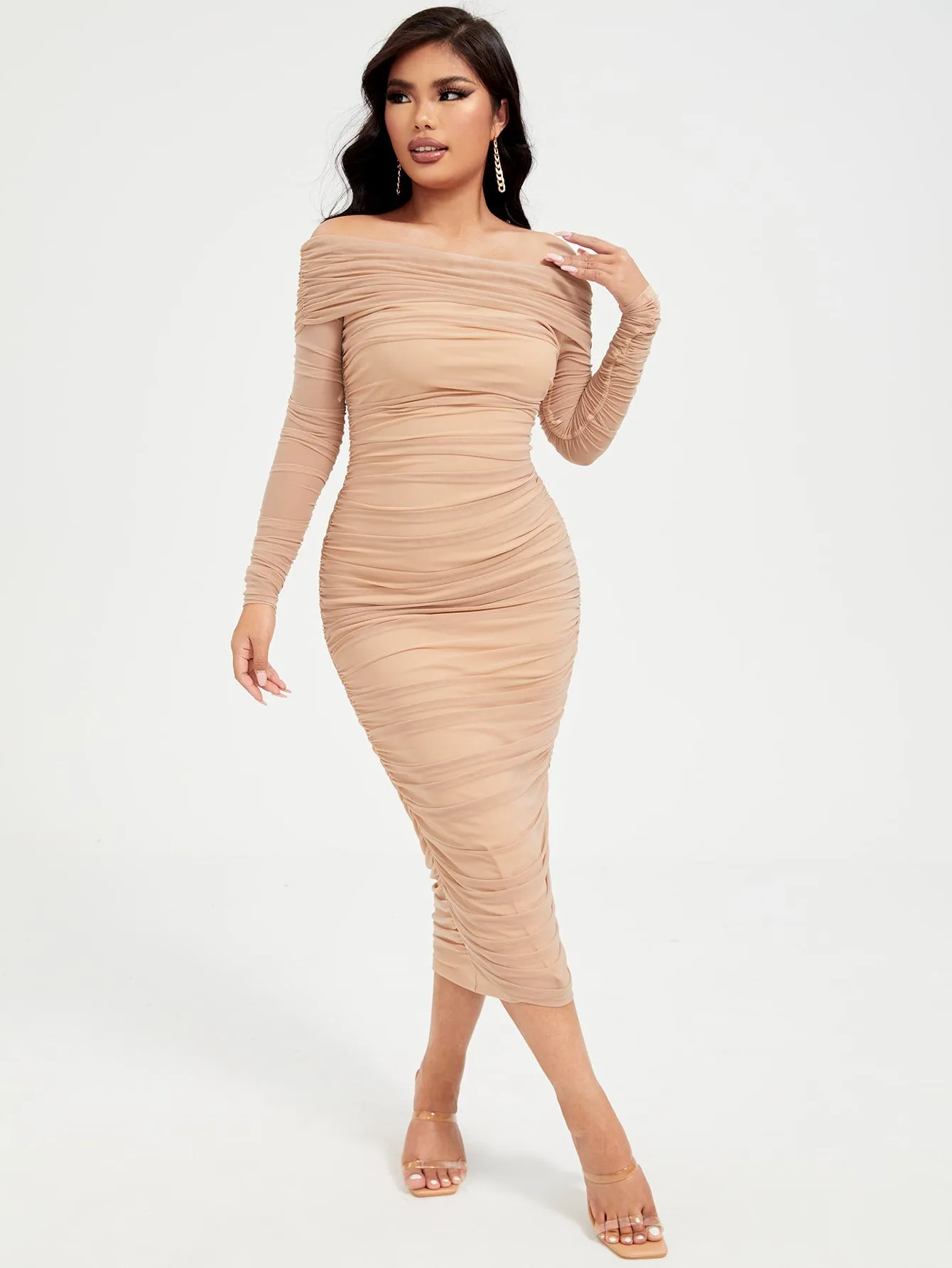 OffShoulderRuchedMeshDress