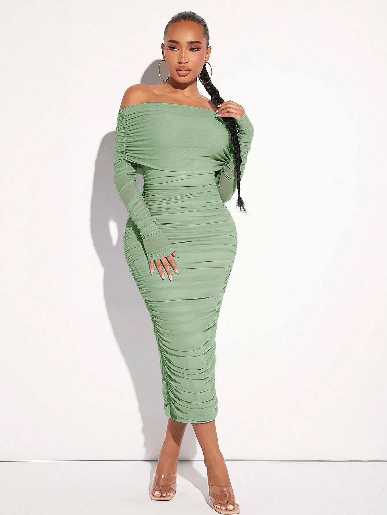 OffShoulderRuchedMeshDress