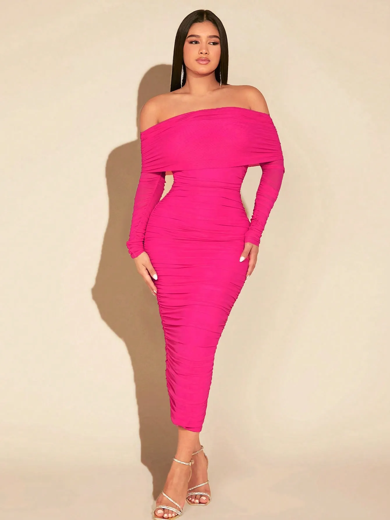 OffShoulderRuchedMeshDress