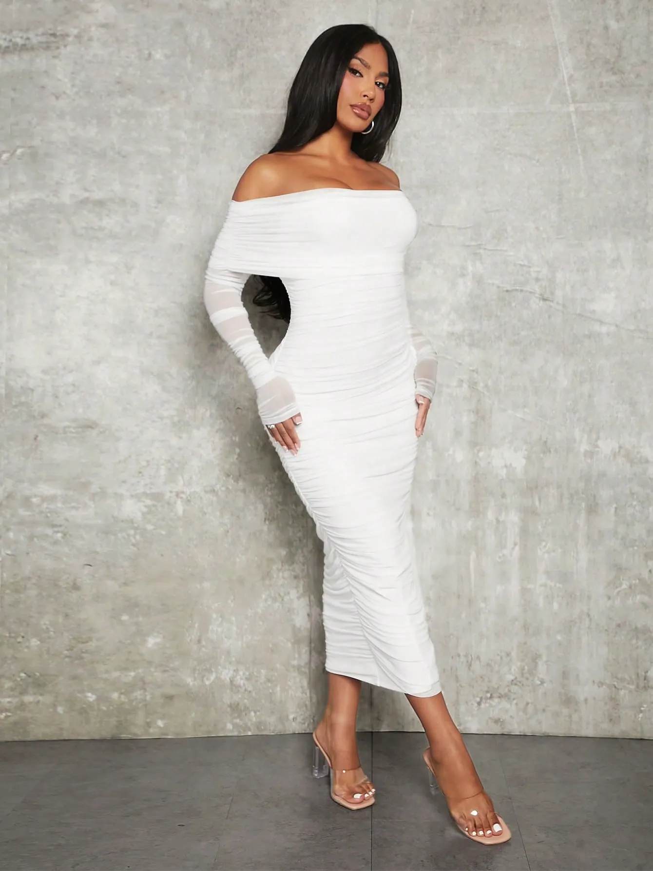 OffShoulderRuchedMeshDress
