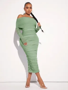 OffShoulderRuchedMeshDress