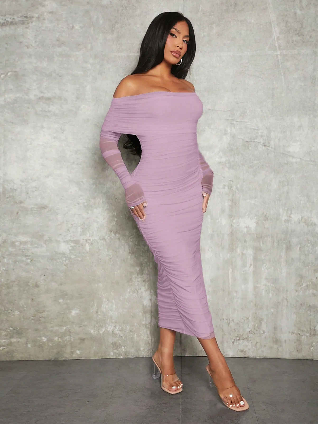 OffShoulderRuchedMeshDress