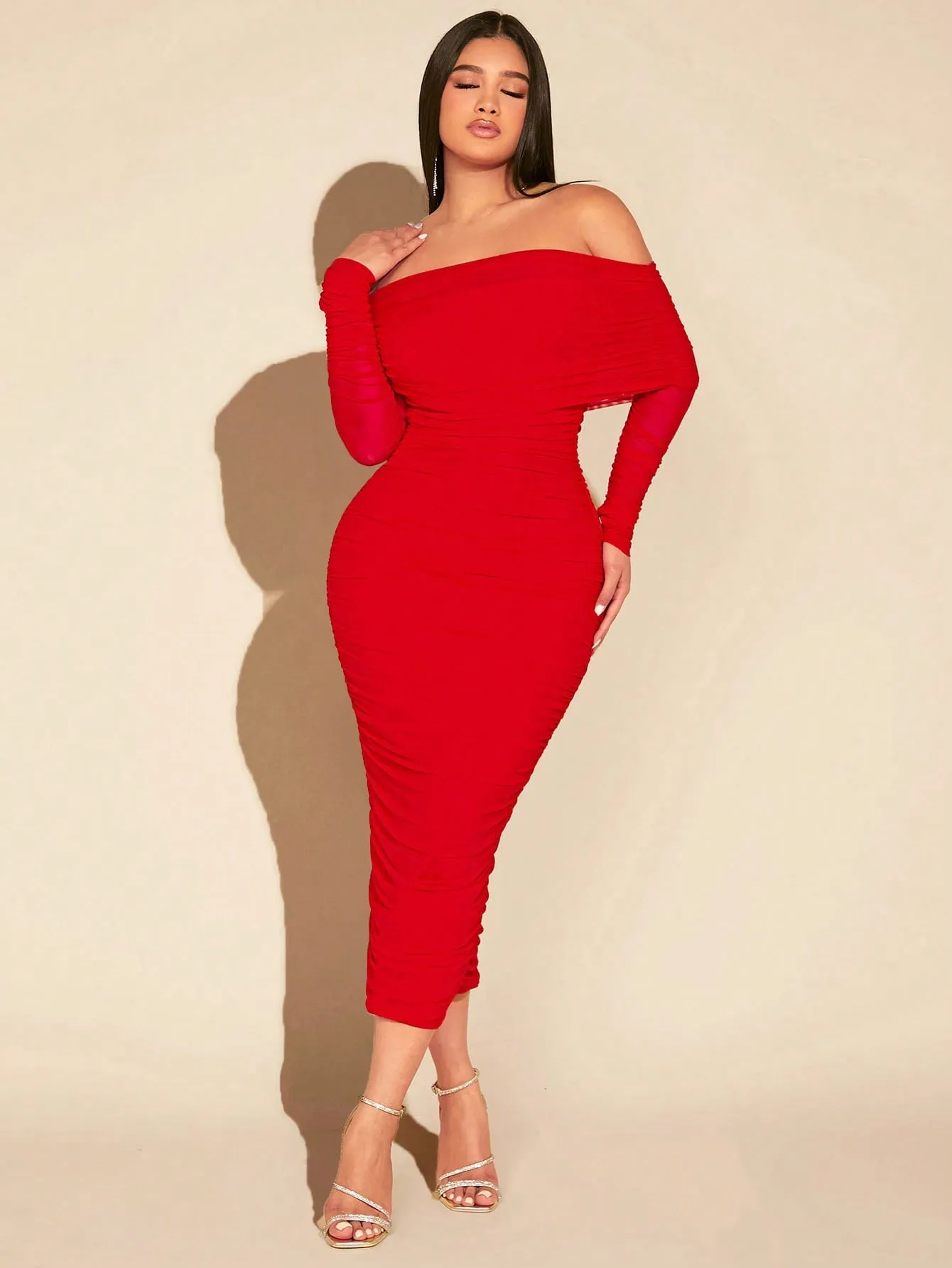 OffShoulderRuchedMeshDress