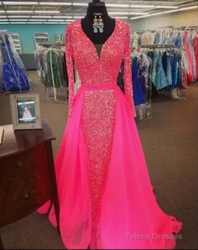 Pink Sequin Prom Dresses Long Sleeves V Neck Evening Gowns With Train