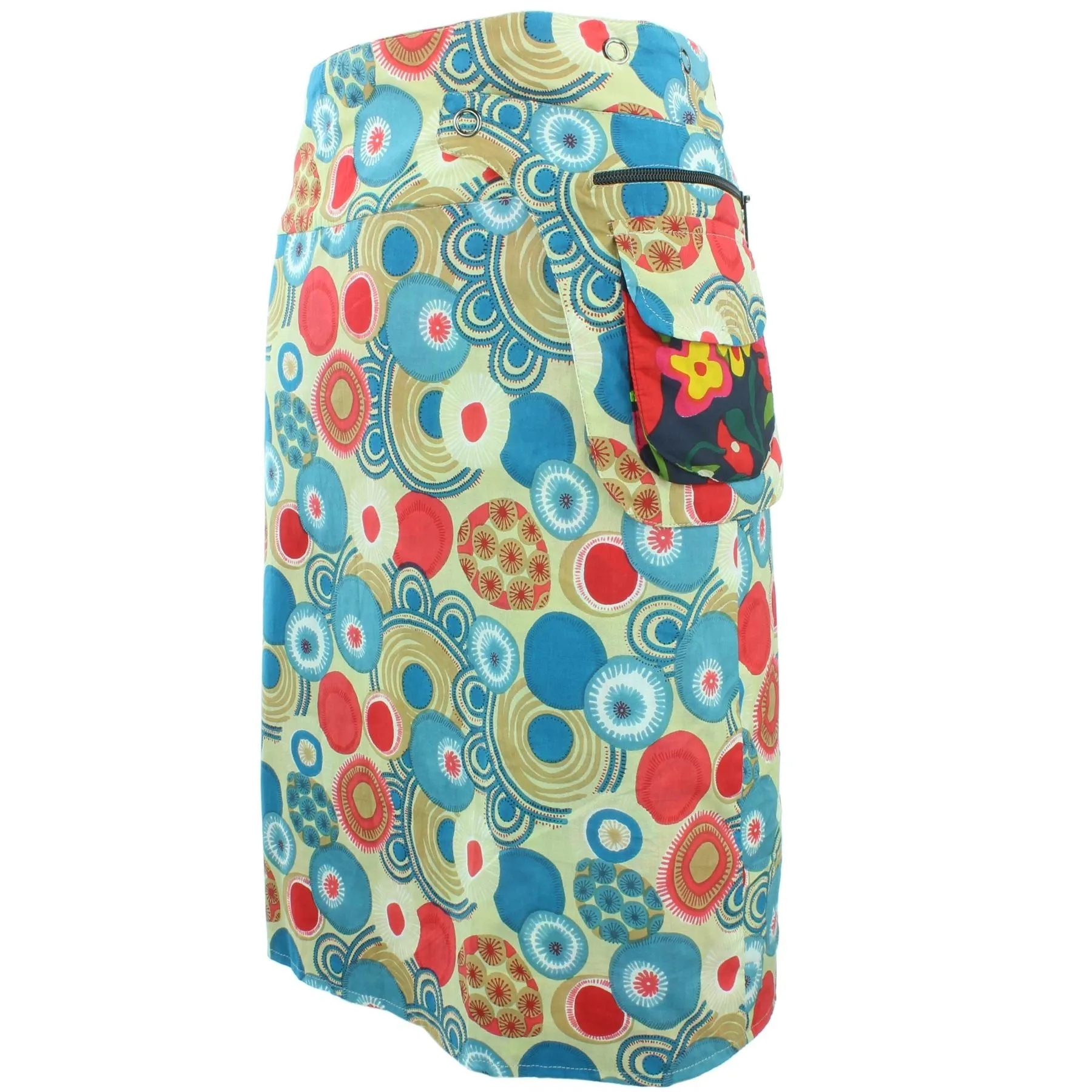 Reversible Popper Wrap Knee Length Skirt - Abstract Floral / Swirls & Spheres