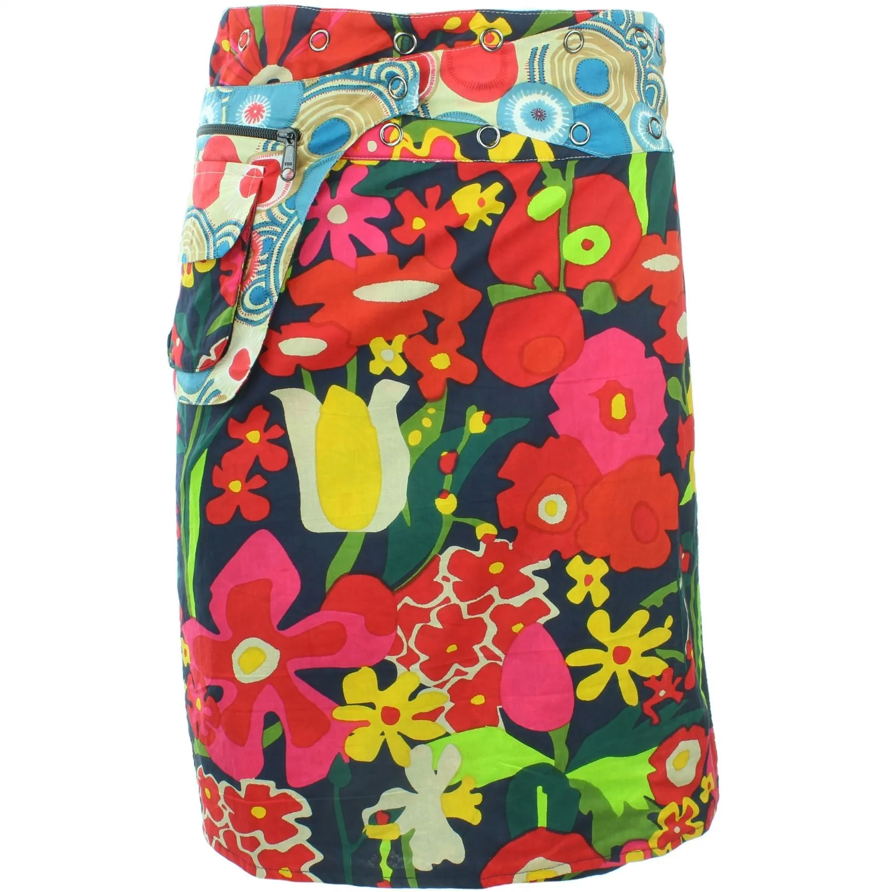 Reversible Popper Wrap Knee Length Skirt - Abstract Floral / Swirls & Spheres