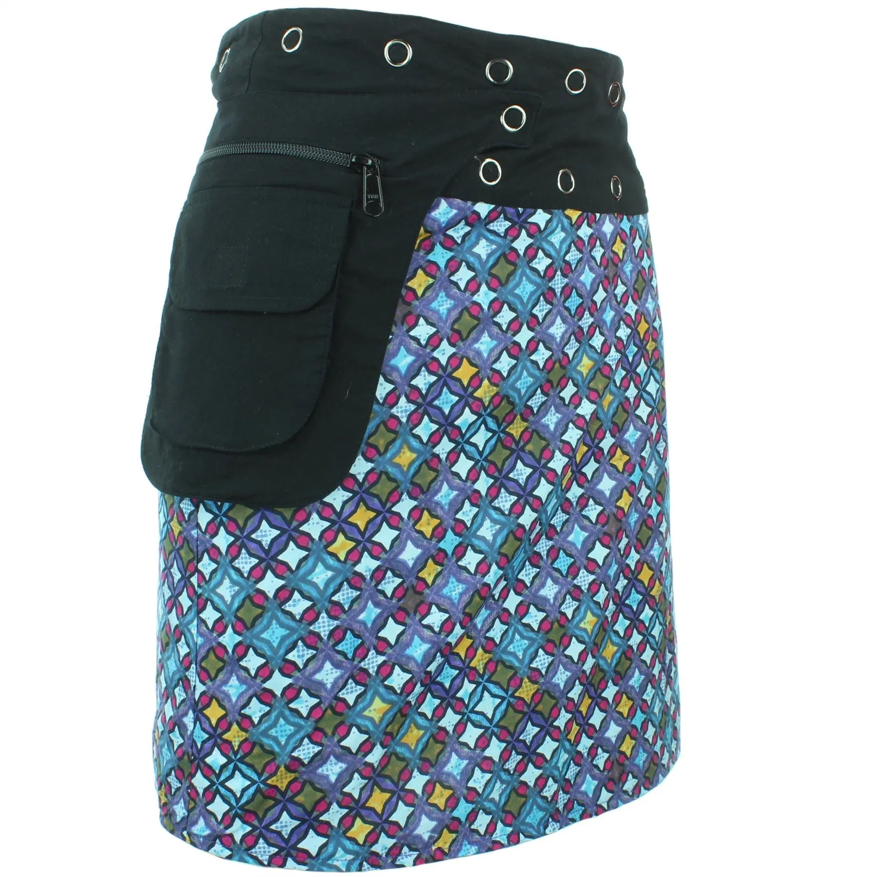 Reversible Popper Wrap Knee Length Skirt - Blue Patch Strips / Diamond Block