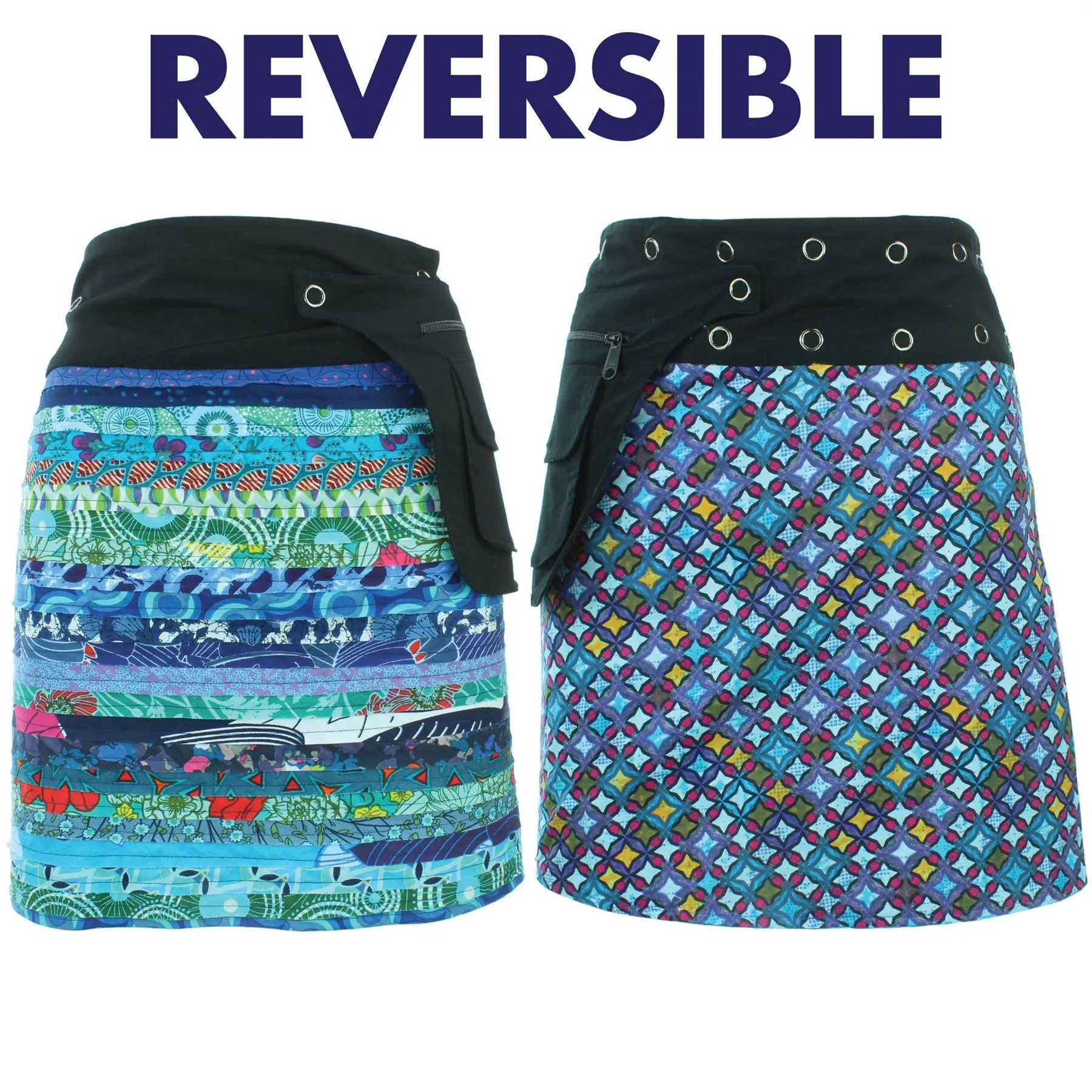 Reversible Popper Wrap Knee Length Skirt - Blue Patch Strips / Diamond Block