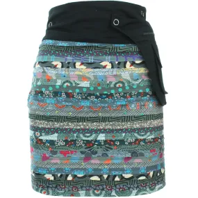 Reversible Popper Wrap Knee Length Skirt - Grey Patch Strips / Spiral Garden