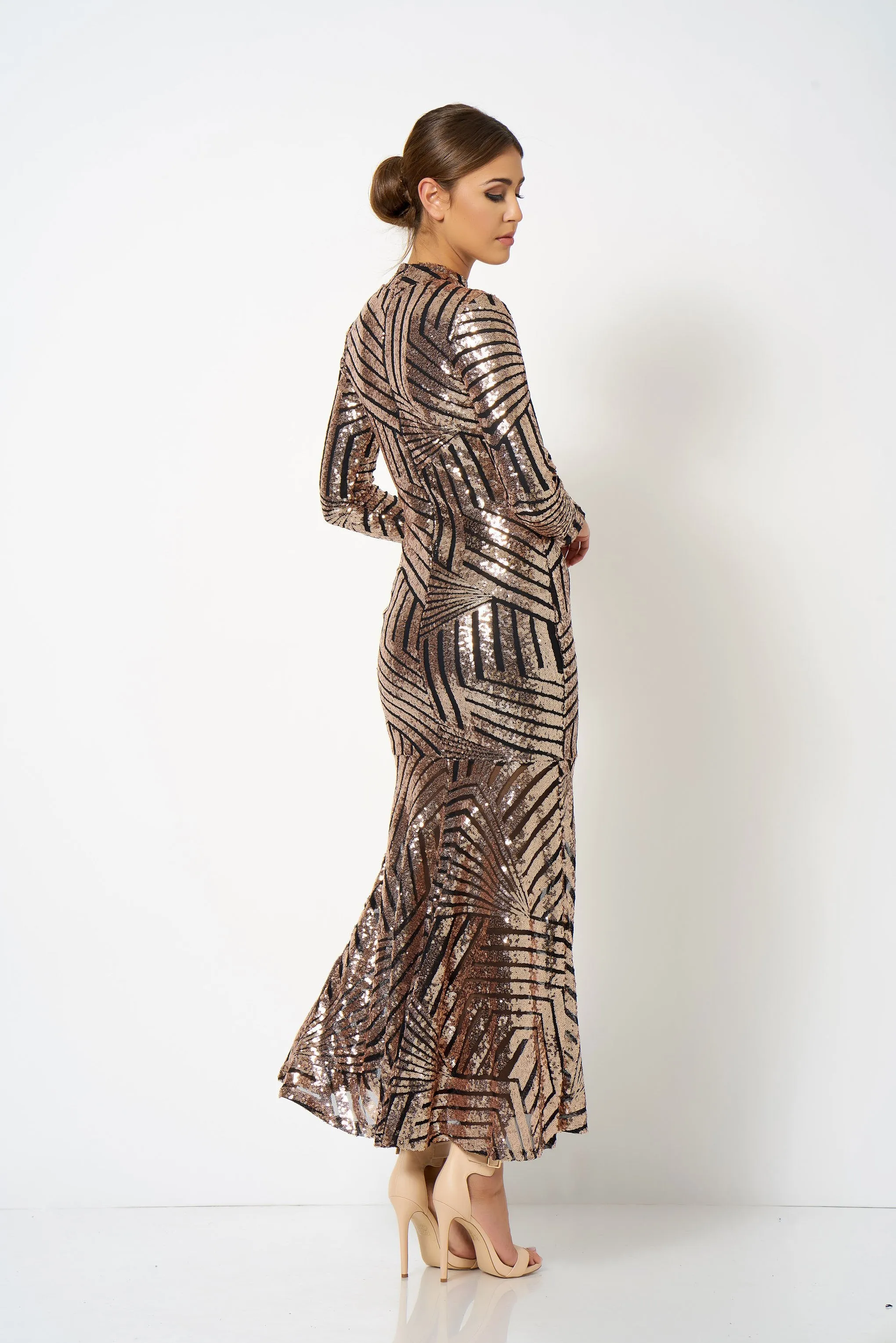 Rose Gold Geo Sequin Fishtail Maxi Dress