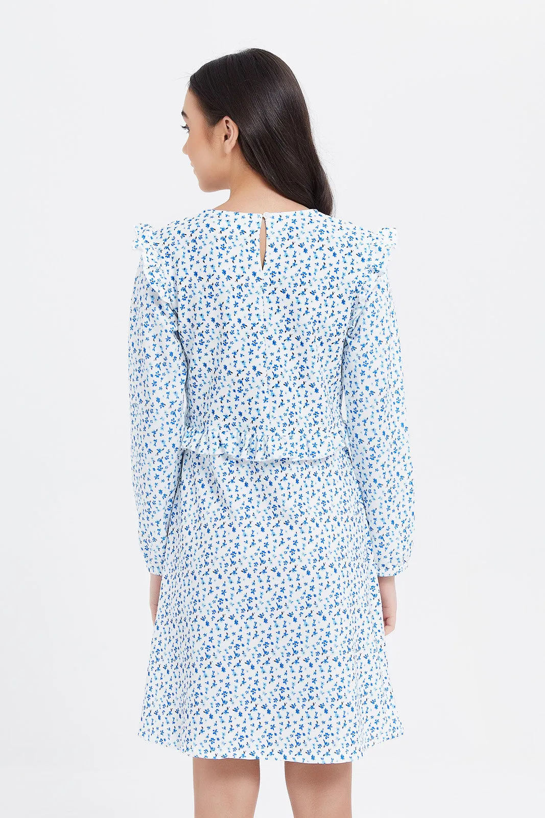 Senior Girls White And Blue Floral Ditsy Print Dress