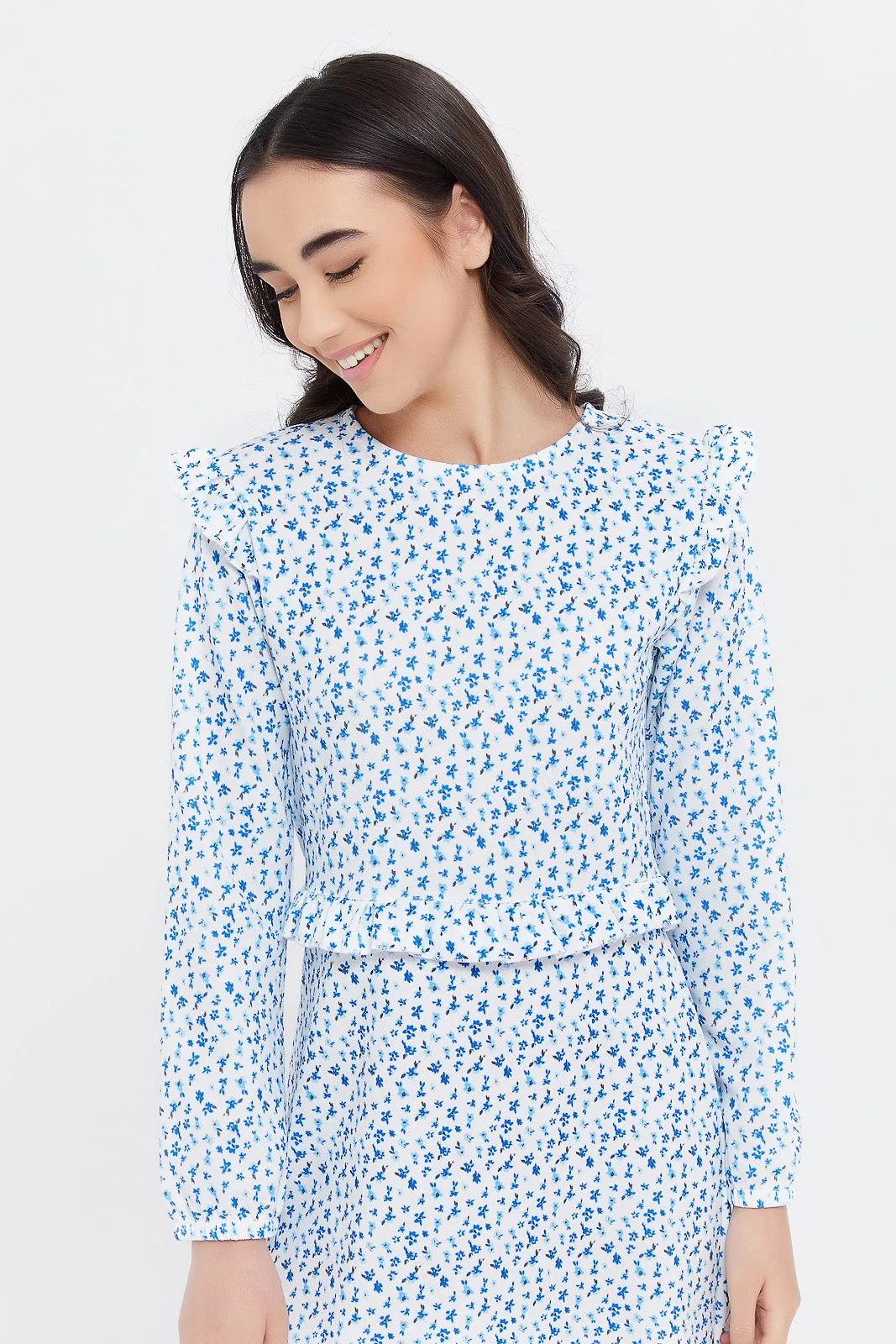 Senior Girls White And Blue Floral Ditsy Print Dress