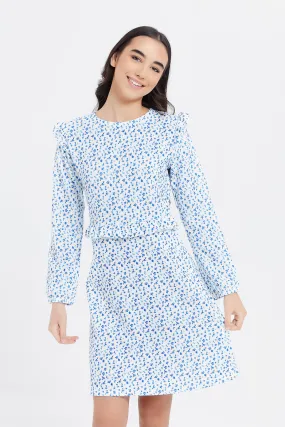Senior Girls White And Blue Floral Ditsy Print Dress