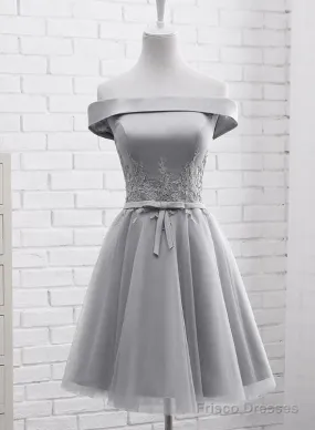 Simple Off Shoulder Grey Tulle Applique Bridesmaid Dresses, Knee Length Formal Dress, Party Dresses