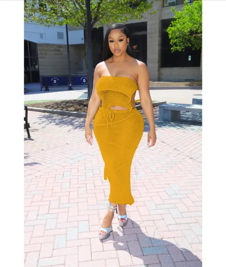 Solid Wrap Chest Tie Up Backless Top Knits Two Piece Skirts Set